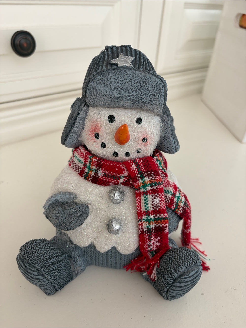 Gray and Red Snowman Accent Figurine with Plaid Scarf